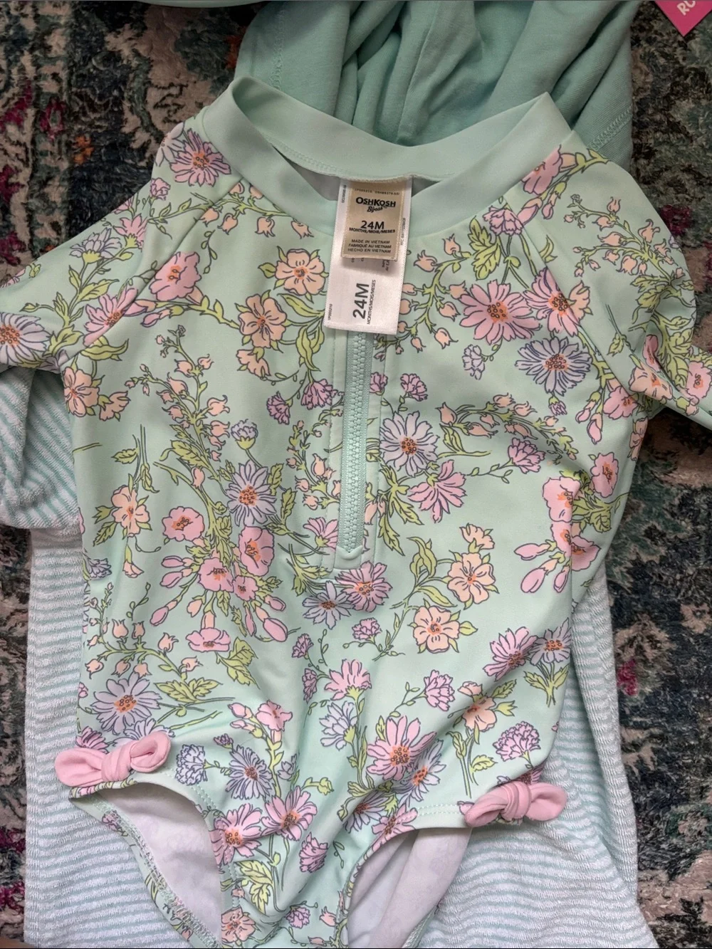 Ruffle Butts Mint Floral Girls Swim Set with Sun Hat